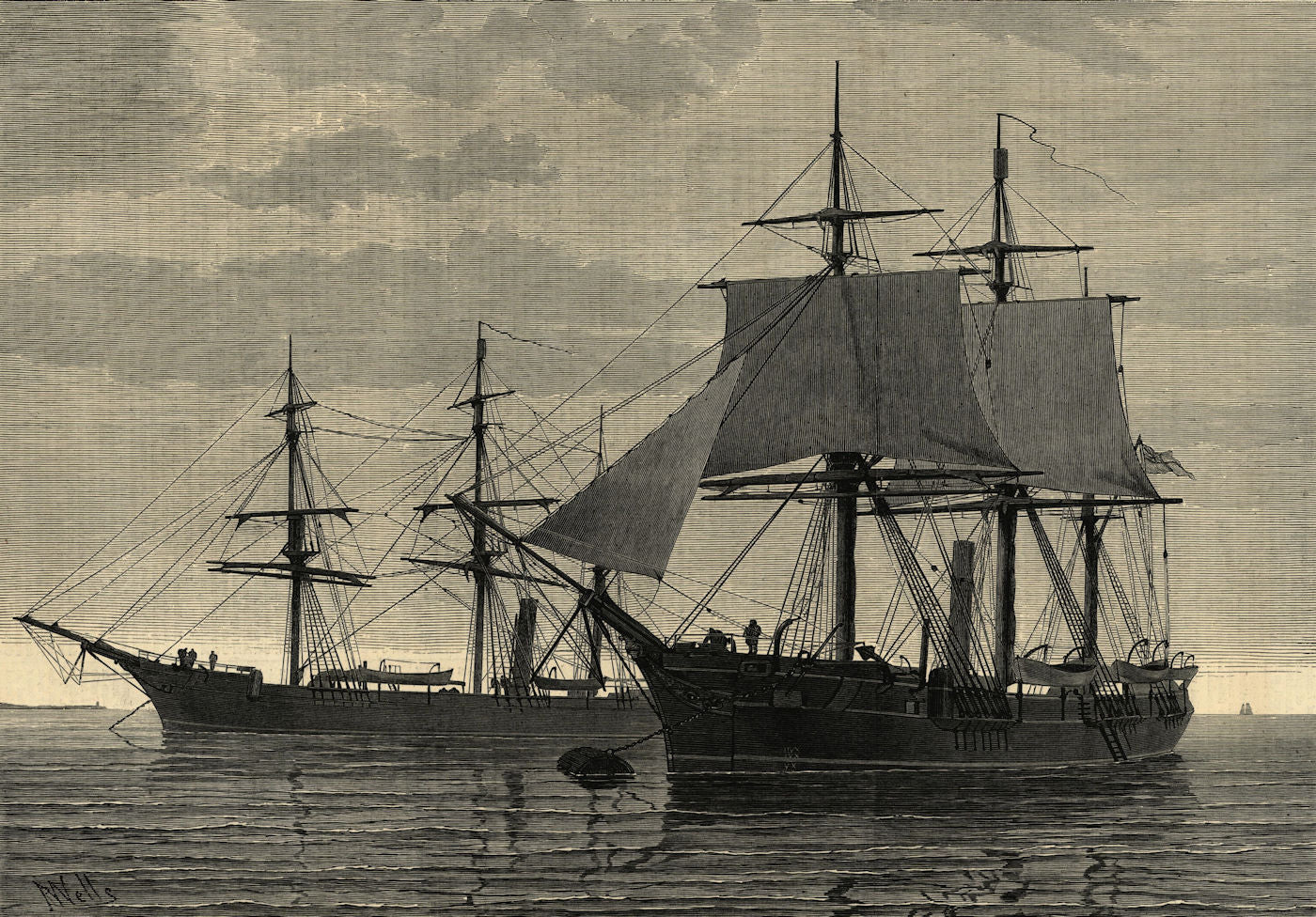 The Arctic Expedition - the Discovery - the Alert. Ships 1875 old print